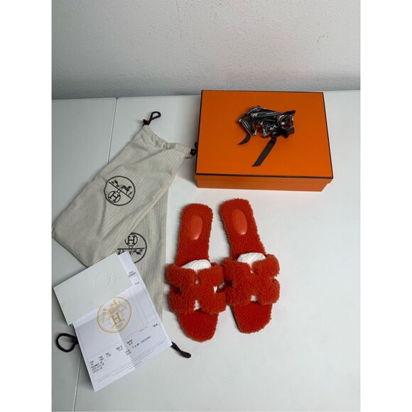 NEW HERMES ORAN SHEARLING WOOL ORANGE SANDALS WOMENS 41,5 EU/ 11 US See Notes - Picture 1 of 16